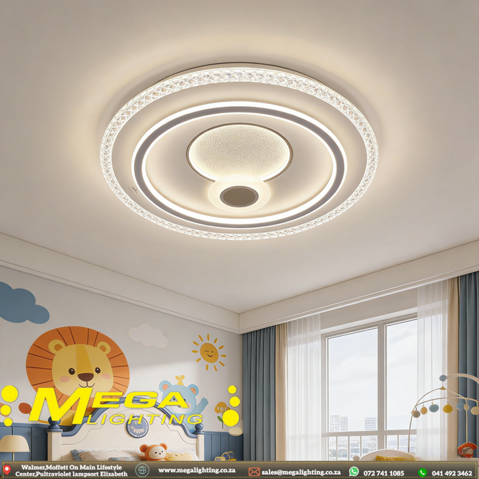 50cm round LED ceiling light with sparkling crystal edge, adjustable 3000K/4000K/6500K light, installed in a modern bedroom.