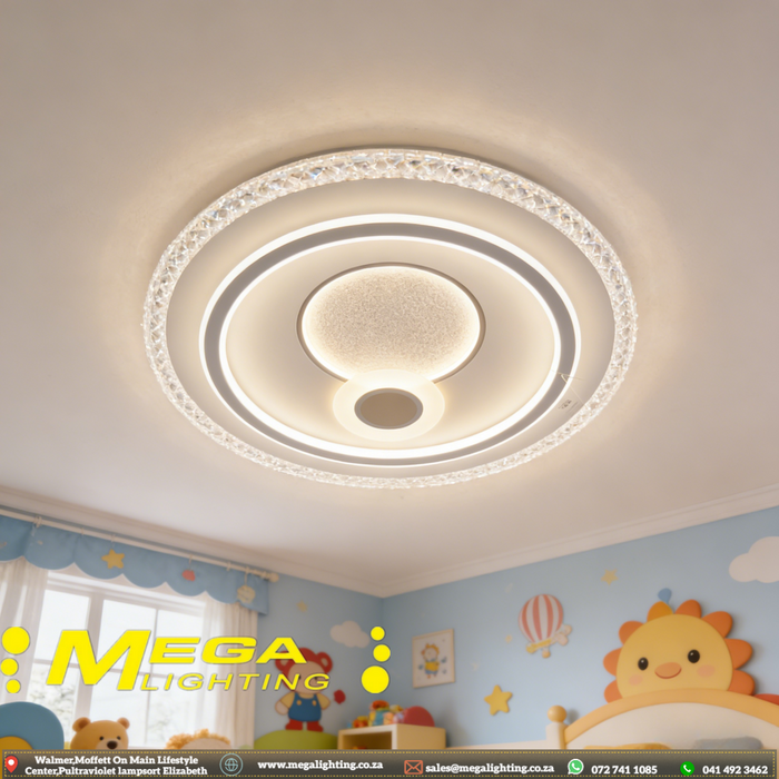 50cm round LED ceiling light with sparkling crystal edge, adjustable 3000K/4000K/6500K light, installed in a modern bedroom.