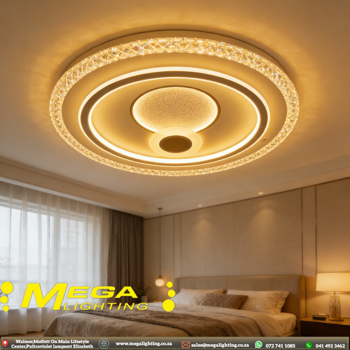50cm round LED ceiling light with sparkling crystal edge, adjustable 3000K/4000K/6500K light, installed in a modern bedroom.