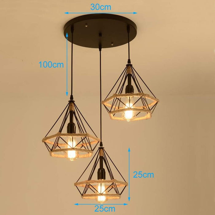 Vintage Black Iron Cage Pendant Light | Loft Style With Hemp Rope | Mega Lighting