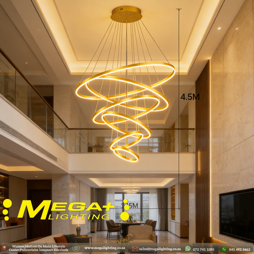 Modern 5-ring gold spiral LED chandelier suspended in a luxury villa living room with warm white lighting – Mega Lighting

