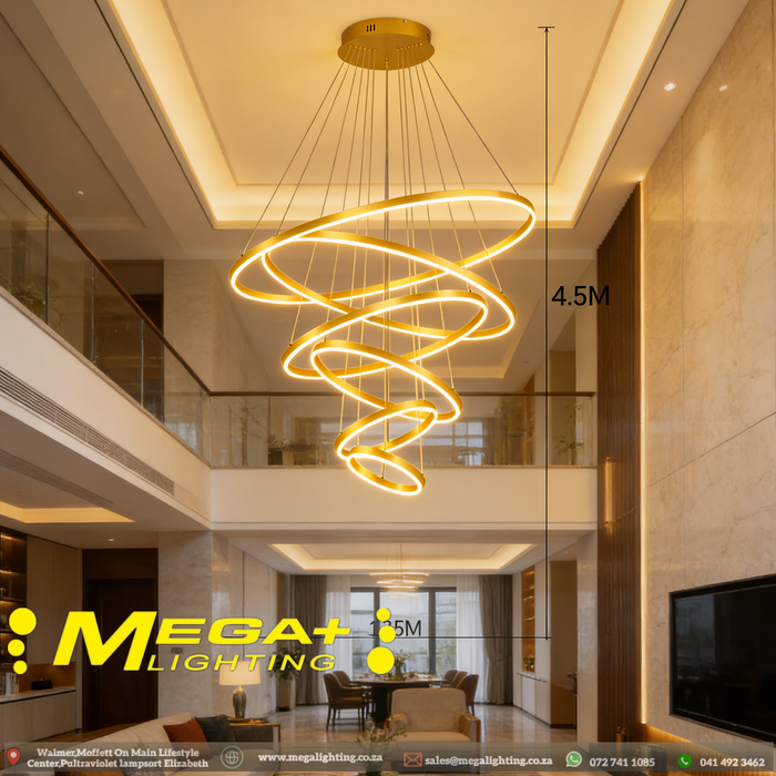 Modern 5-ring gold spiral LED chandelier suspended in a luxury villa living room with warm white lighting – Mega Lighting

