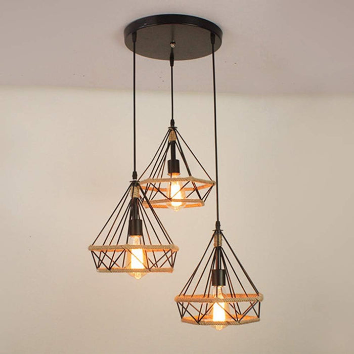 3 Lights Industrial Pendant Light  Vintage Black Ceiling Light Fixture Metal Cage Lampshade and Hemp Rope E27 Ceiling Lighting for Dining Room Living Room Restaurant