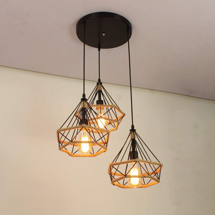 Vintage Black Iron Cage Pendant Light | Loft Style With Hemp Rope | Mega Lighting