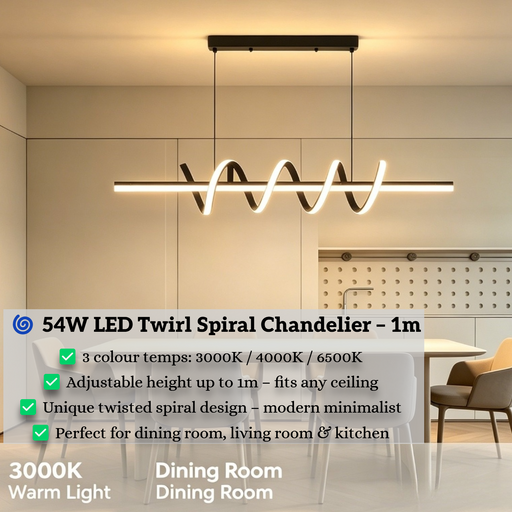 54W LED twirl spiral linear chandelier with twisted spiral light strip, 1m length, warm glow above a modern dining table.