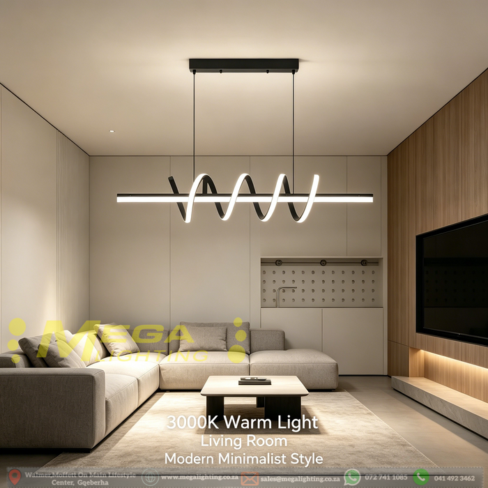 54W LED twirl spiral linear chandelier with twisted spiral light strip, 1m length, warm glow above a modern dining table.