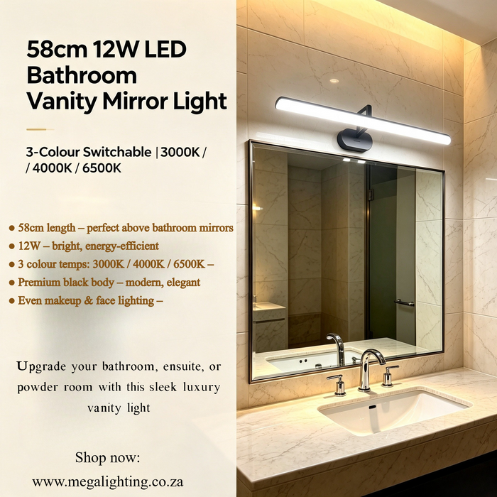 58cm 12W black LED bathroom vanity mirror light 3‑color switchable wall mounted lamp MEGA LIGHTING South Africa