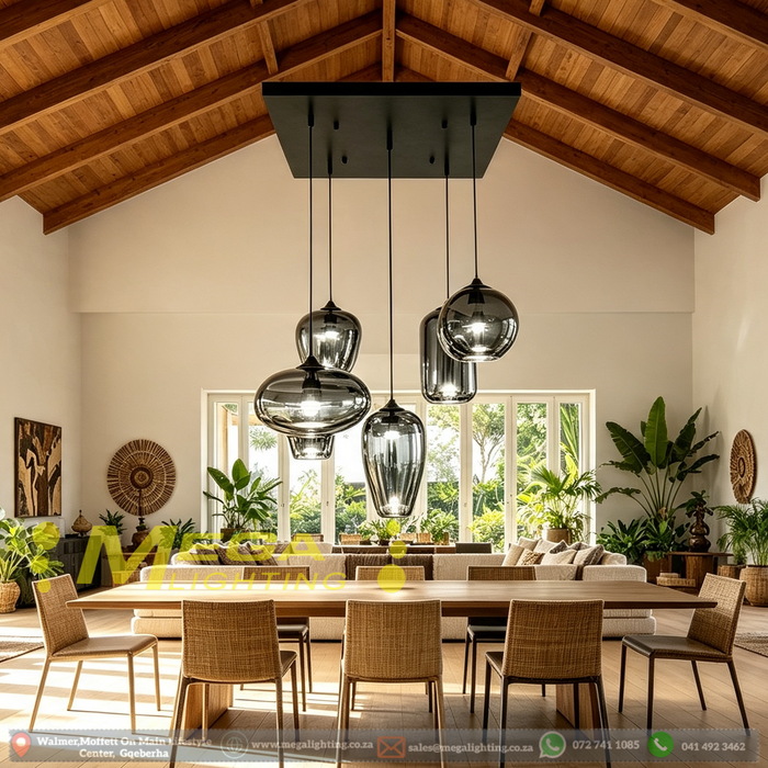 5‑Light Smoke‑Tinted Glass Cluster Pendant Light 55×55cm Base Dining Room Kitchen Island Villa MEGA LIGHTING South Africa
