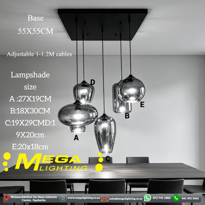 5‑Light Smoke‑Tinted Glass Cluster Pendant Light 55×55cm Base Dining Room Kitchen Island Villa MEGA LIGHTING South Africa