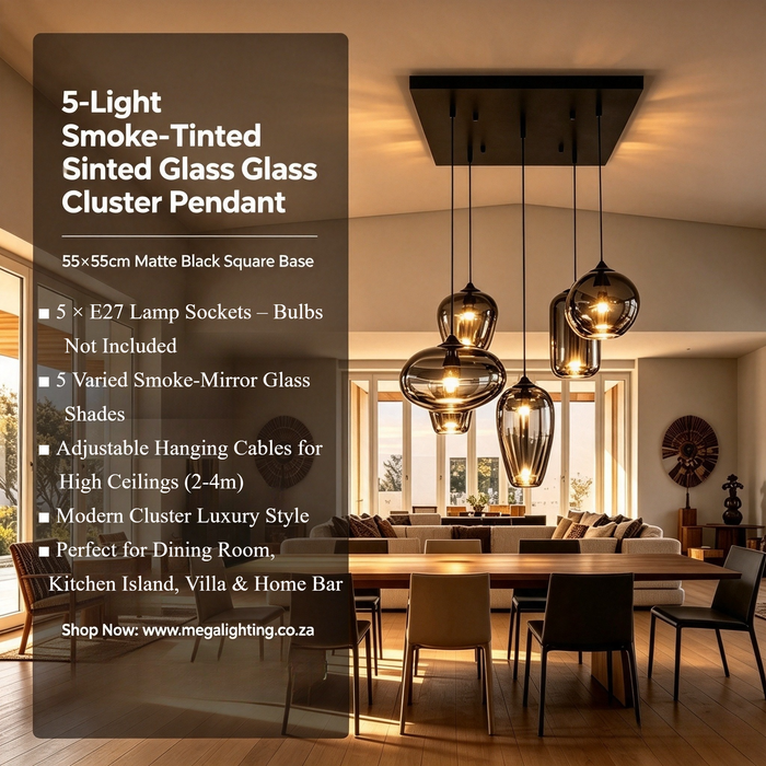 5‑Light Smoke‑Tinted Glass Cluster Pendant Light 55×55cm Base Dining Room Kitchen Island Villa MEGA LIGHTING South Africa