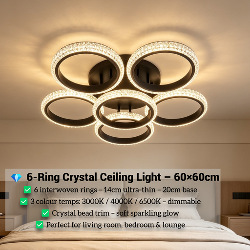 6-ring crystal LED flush ceiling light 60×60cm, 14cm ultra-thin body with 20cm ceiling base, 3-colour dimmable 3000K 4000K 6500K low profile ceiling lamp for living room bedroom lounge, MEGA LIGHTING South Africa