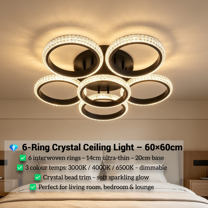 6-ring crystal LED flush ceiling light 60×60cm, 14cm ultra-thin body with 20cm ceiling base, 3-colour dimmable 3000K 4000K 6500K low profile ceiling lamp for living room bedroom lounge, MEGA LIGHTING South Africa