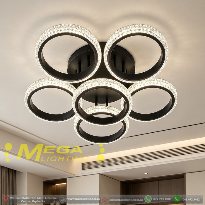 6-ring crystal LED flush ceiling light 60×60cm, 14cm ultra-thin body with 20cm ceiling base, 3-colour dimmable 3000K 4000K 6500K low profile ceiling lamp for living room bedroom lounge, MEGA LIGHTING South Africa