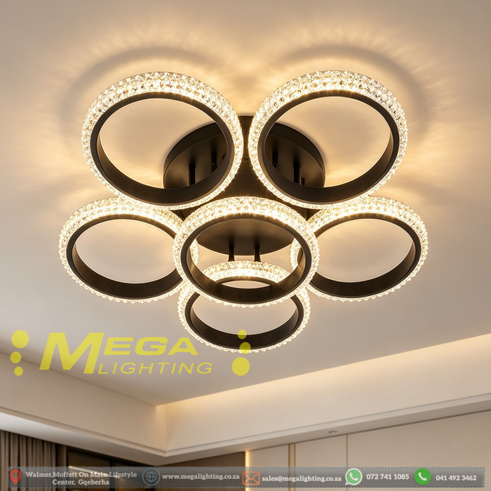 6-ring crystal LED flush ceiling light 60×60cm, 14cm ultra-thin body with 20cm ceiling base, 3-colour dimmable 3000K 4000K 6500K low profile ceiling lamp for living room bedroom lounge, MEGA LIGHTING South Africa
