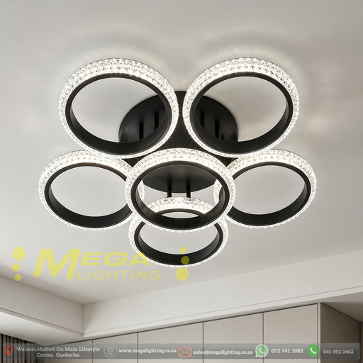 6-ring crystal LED flush ceiling light 60×60cm, 14cm ultra-thin body with 20cm ceiling base, 3-colour dimmable 3000K 4000K 6500K low profile ceiling lamp for living room bedroom lounge, MEGA LIGHTING South Africa