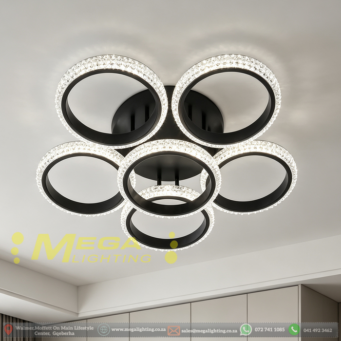 6-ring crystal LED flush ceiling light 60×60cm, 14cm ultra-thin body with 20cm ceiling base, 3-colour dimmable 3000K 4000K 6500K low profile ceiling lamp for living room bedroom lounge, MEGA LIGHTING South Africa