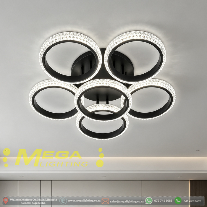 6-ring crystal LED flush ceiling light 60×60cm, 14cm ultra-thin body with 20cm ceiling base, 3-colour dimmable 3000K 4000K 6500K low profile ceiling lamp for living room bedroom lounge, MEGA LIGHTING South Africa