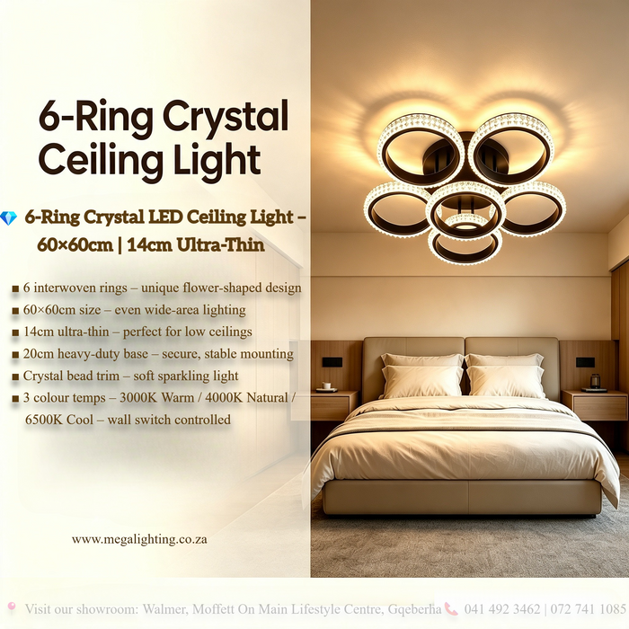 6-ring crystal LED flush ceiling light 60×60cm, 14cm ultra-thin body with 20cm ceiling base, 3-colour dimmable 3000K 4000K 6500K low profile ceiling lamp for living room bedroom lounge, MEGA LIGHTING South Africa
