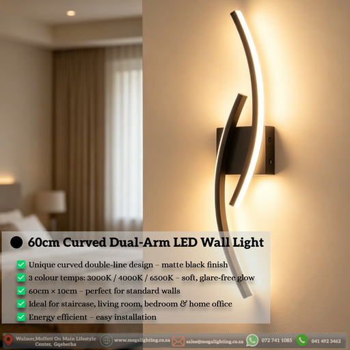 Modern 60cm black curved LED wall light installed on a staircase wall, emitting warm white light – Mega Lighting