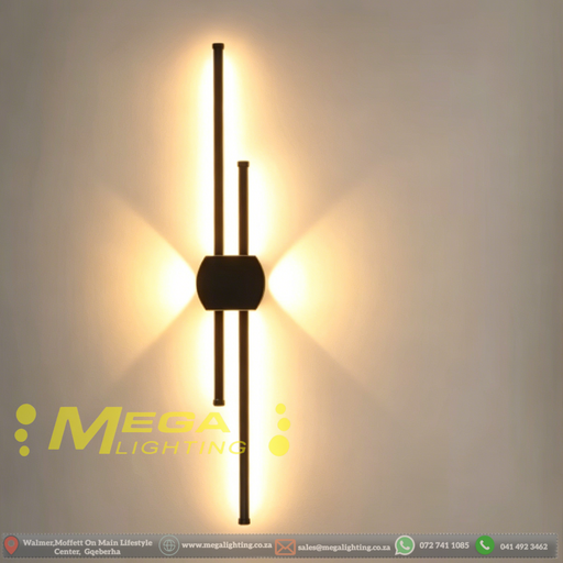 60cm matte black dual-rod LED wall light installed on a modern living room wall, emitting cool white light – Mega Lighting