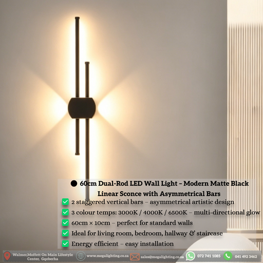 60cm matte black dual-rod LED wall light installed on a modern living room wall, emitting cool white light – Mega Lighting