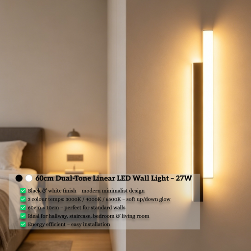 Minimalist two-bar LED wall sconce, 60cm height, 10cm width, matte black and white finish – Mega Lighting