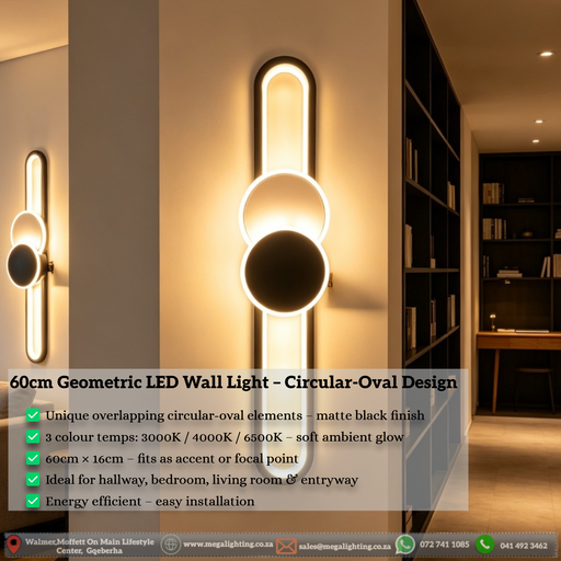 60cm matte black geometric circular-oval LED wall light installed in a modern hallway, emitting warm white light – Mega Lighting