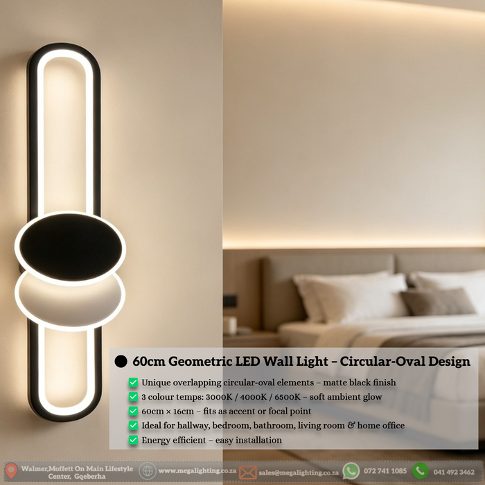 60cm matte black geometric LED wall light dimensions diagram, 60cm height × 16cm width – Mega Lighting
