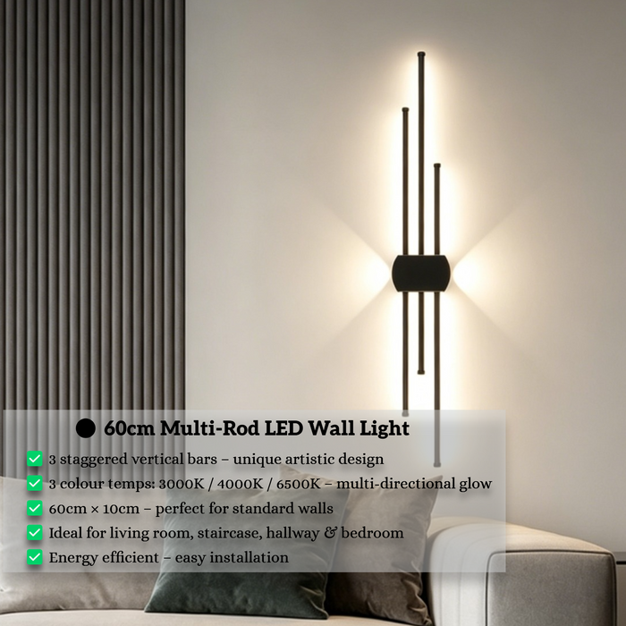 Modern staggered vertical LED wall sconce with three rods, mounted beside a sofa – Mega Lighting