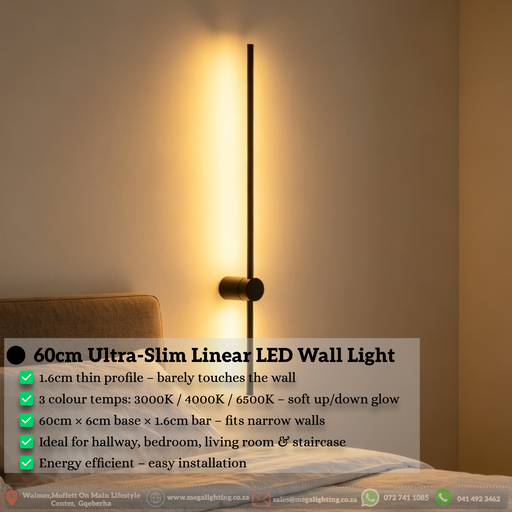 60cm Minimalist Linear LED Wall Light | Slim Profile Matte Black Up/Down Sconce | Mega Lighting