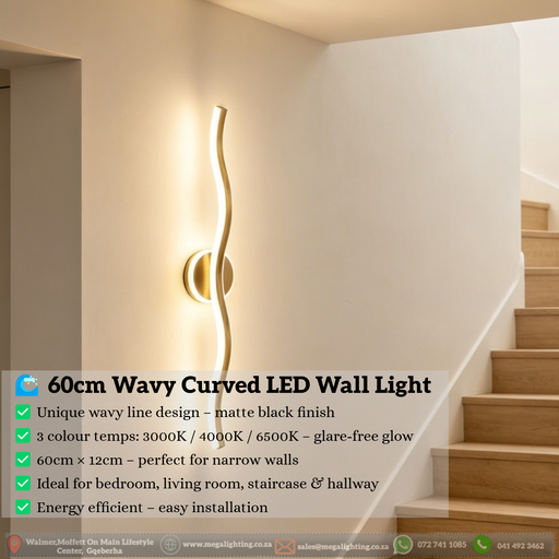 60cm black wavy LED wall light installed on a living room wall, emitting warm white light – Mega Lighting