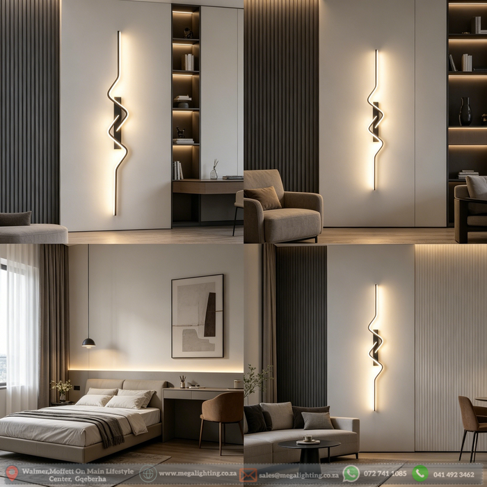 60cm matte black zig-zag wave LED wall light installed in a modern living room, emitting warm white light – Mega Lighting