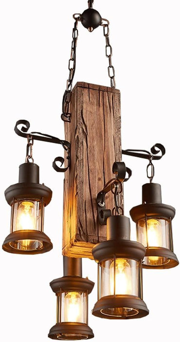 Rustic Wood Block & Iron 4 Lamp Pendant Chandelier