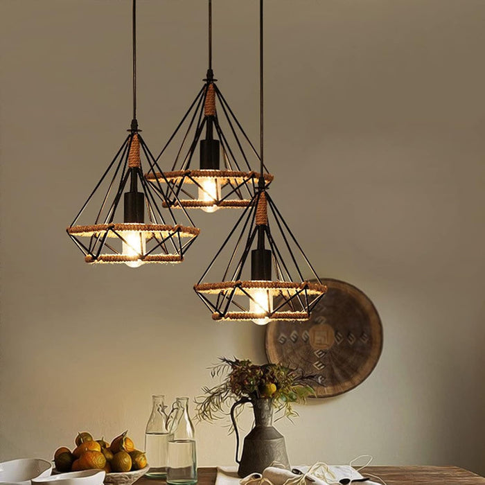 3 Lights Industrial Pendant Light  Vintage Black Ceiling Light Fixture Metal Cage Lampshade and Hemp Rope E27 Ceiling Lighting for Dining Room Living Room Restaurant