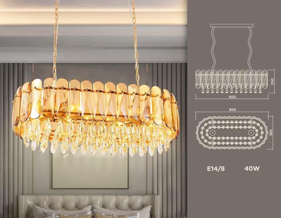 E14 10Light LED Crystal Luxury Oval Chandelier Light Amber Gold
