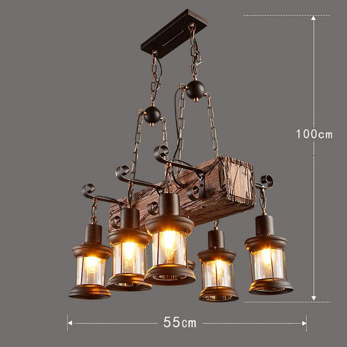 E27 American Style Industrial Style Chandelier,Nostalgic Solid Wood Lamps,Creative Retro Personality Wood Chandelier,Restaurant Bar Bar Café-Wood and black 55 * 100cm