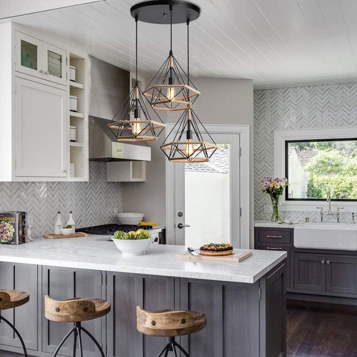 3 Lights Industrial Pendant Light  Vintage Black Ceiling Light Fixture Metal Cage Lampshade and Hemp Rope E27 Ceiling Lighting for Dining Room Living Room Restaurant