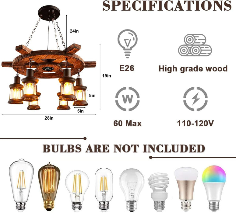 Retro Industrial Chandeliers, 8-Head Wooden Horse Wheel Chandelier, Bar Hanging Adjustable Lighting, Round Kitchen Island Light, for Dining Room Living Room Foyer Porch 28in