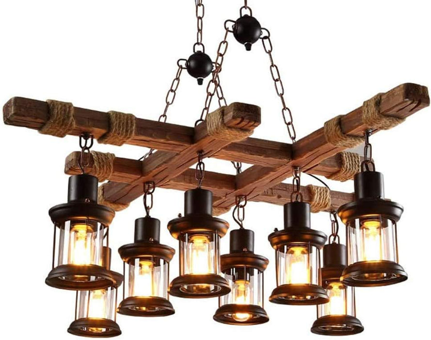 Retro Wood Pendant Lamp Lighting Hanging Lamp E27 Screw Hanging Lamp Solid Wood Wrought Iron Suitable for Restaurant and Bar Night Lighting Energy Saving Lamps,8 Heads