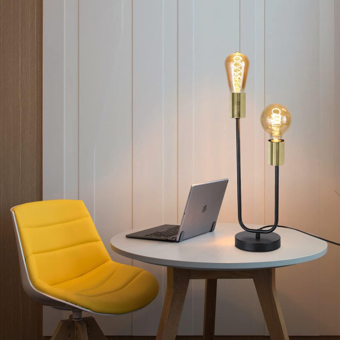 Vintage Nachttischlampe Schwarz - Wohnzimmer Schwarz Gold Tischleuchte Kinder in E27 Industrial Schlafzimmer Nachtlicht aus Metall Schreibtischlampe mit Kabel(Ohne Leuchtmittel)