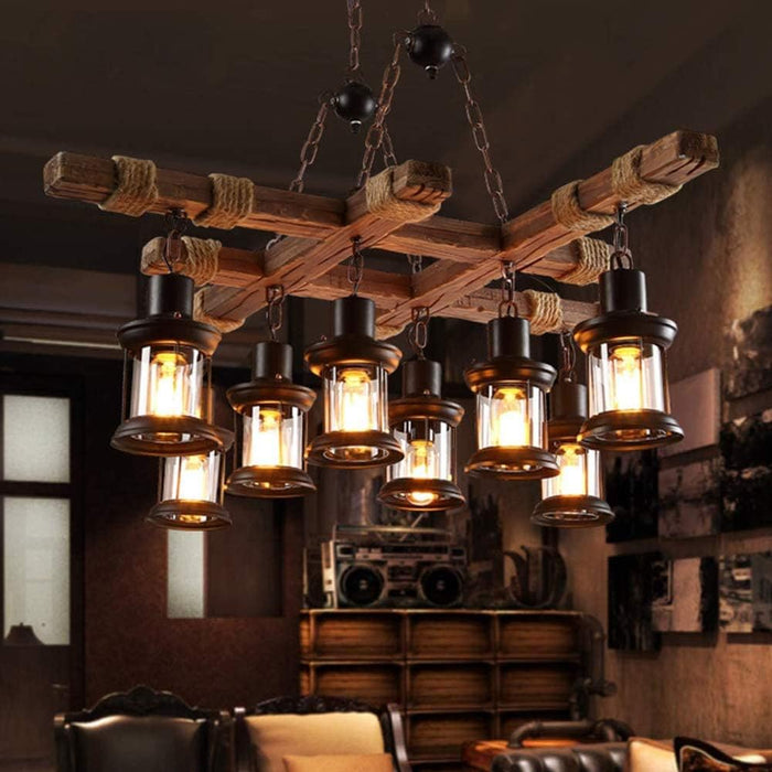 Retro Wood Pendant Lamp Lighting Hanging Lamp E27 Screw Hanging Lamp Solid Wood Wrought Iron Suitable for Restaurant and Bar Night Lighting Energy Saving Lamps,8 Heads