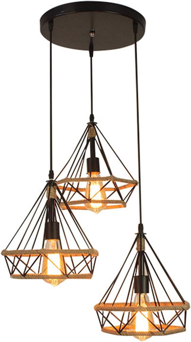 3 Lights Industrial Pendant Light  Vintage Black Ceiling Light Fixture Metal Cage Lampshade and Hemp Rope E27 Ceiling Lighting for Dining Room Living Room Restaurant
