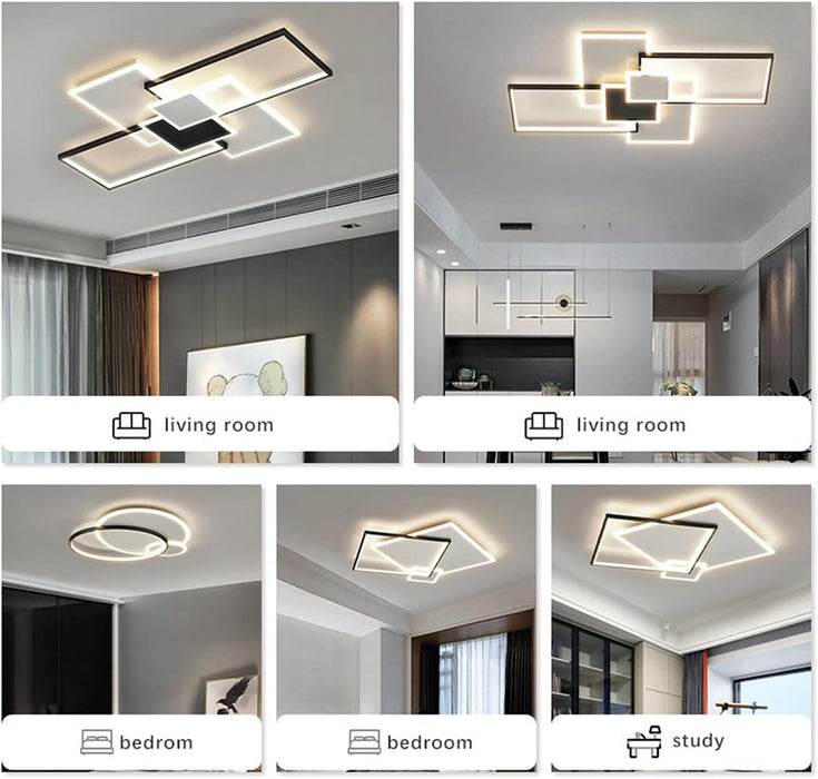 Modern LED pendant light, suitable for living rooms, bedrooms, studies, and home use. Black rectangular ceiling light  adjustable light intensity (3000K, 4000K, 6500K)