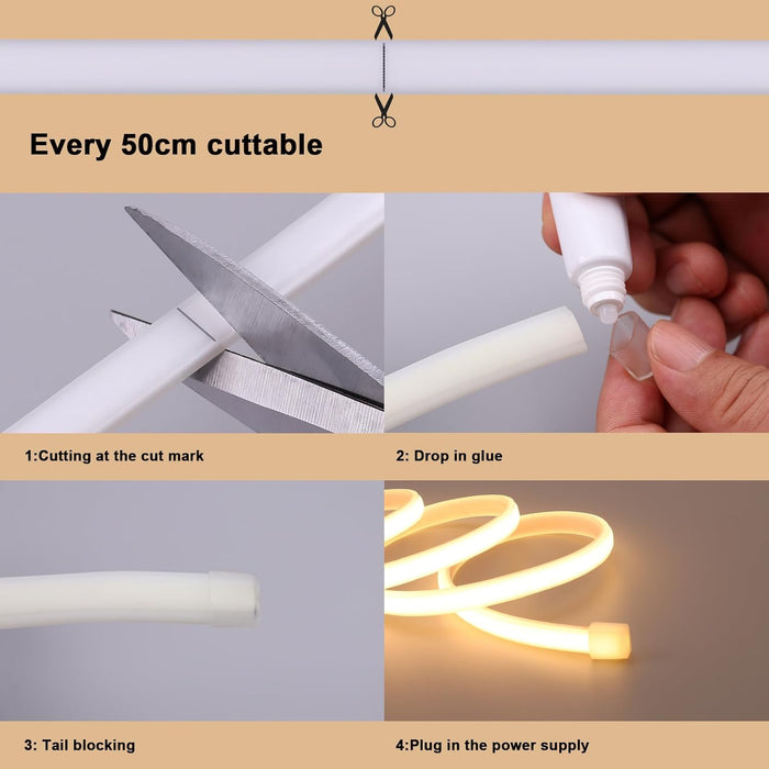 220V COB LED Strip Outdoor Waterproof 3000K Warm White and  6500k, Flexible Cuttable IP65 Waterproof LED Strip , for Construction Sites,