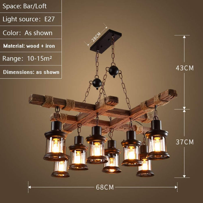 Retro Wood Pendant Lamp Lighting Hanging Lamp E27 Screw Hanging Lamp Solid Wood Wrought Iron Suitable for Restaurant and Bar Night Lighting Energy Saving Lamps,8 Heads