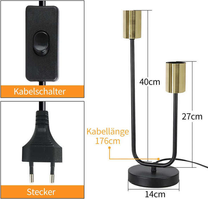 Vintage Nachttischlampe Schwarz - Wohnzimmer Schwarz Gold Tischleuchte Kinder in E27 Industrial Schlafzimmer Nachtlicht aus Metall Schreibtischlampe mit Kabel(Ohne Leuchtmittel)
