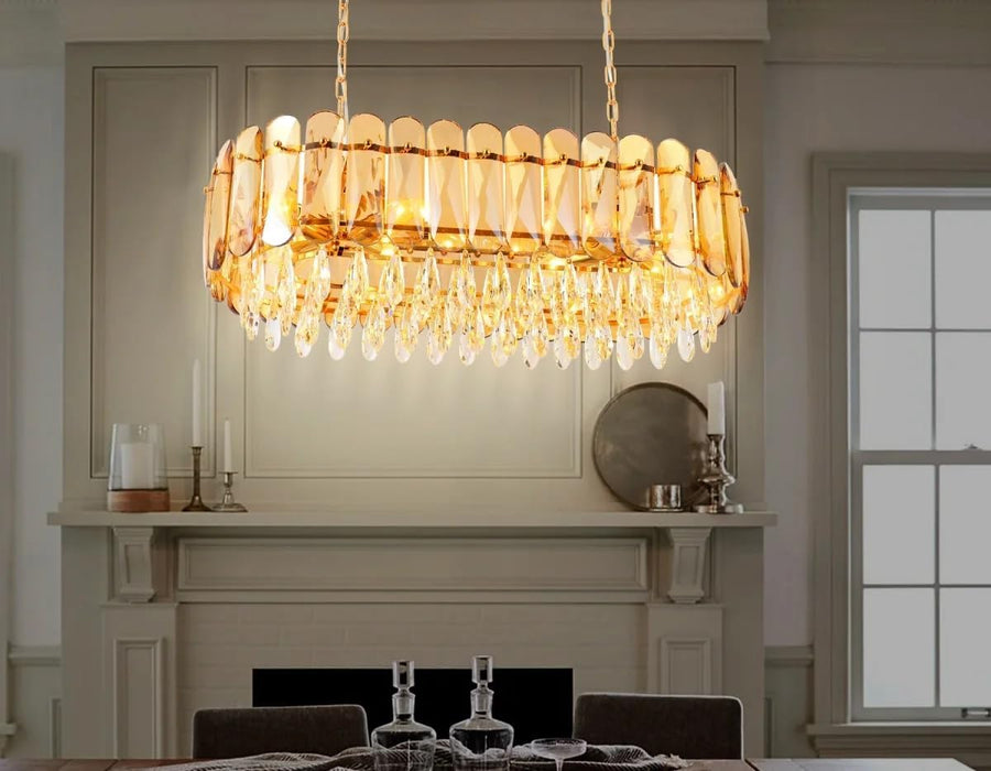 E14 10Light LED Crystal Luxury Oval Chandelier Light Amber Gold