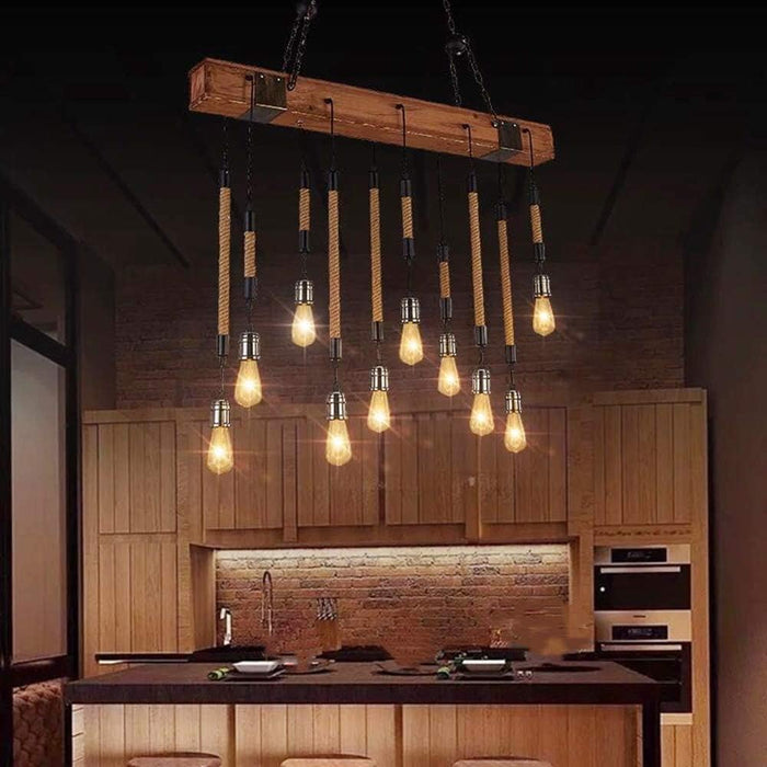 10-Light Dark Brown Wood and Black Linear Farmhouse Bare Bulb LED Chandelier, Large Linear Modern Farmhouse Chandeliers Light for Dining Room, Kitchen Island, Bedroom