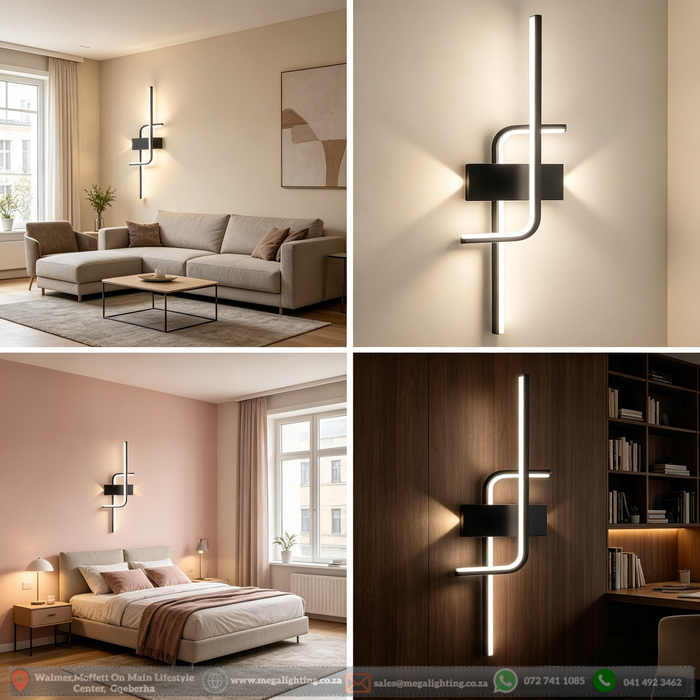 Sleek black curved LED wall light in cool white light, displayed in a minimalist living room – Mega Lighting