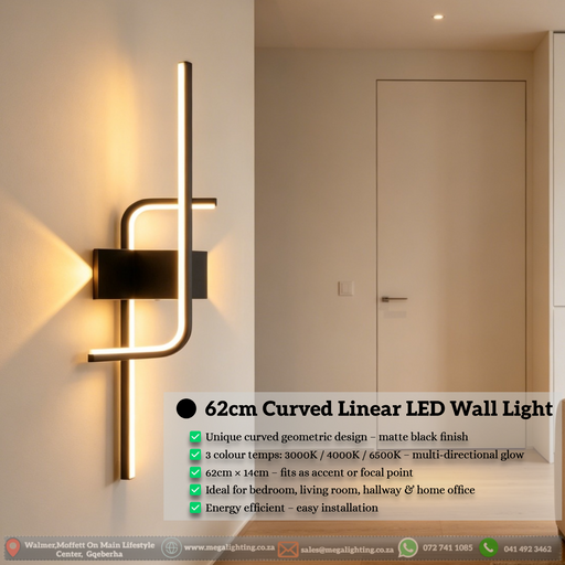Sleek black curved LED wall light in cool white light, displayed in a minimalist living room – Mega Lighting